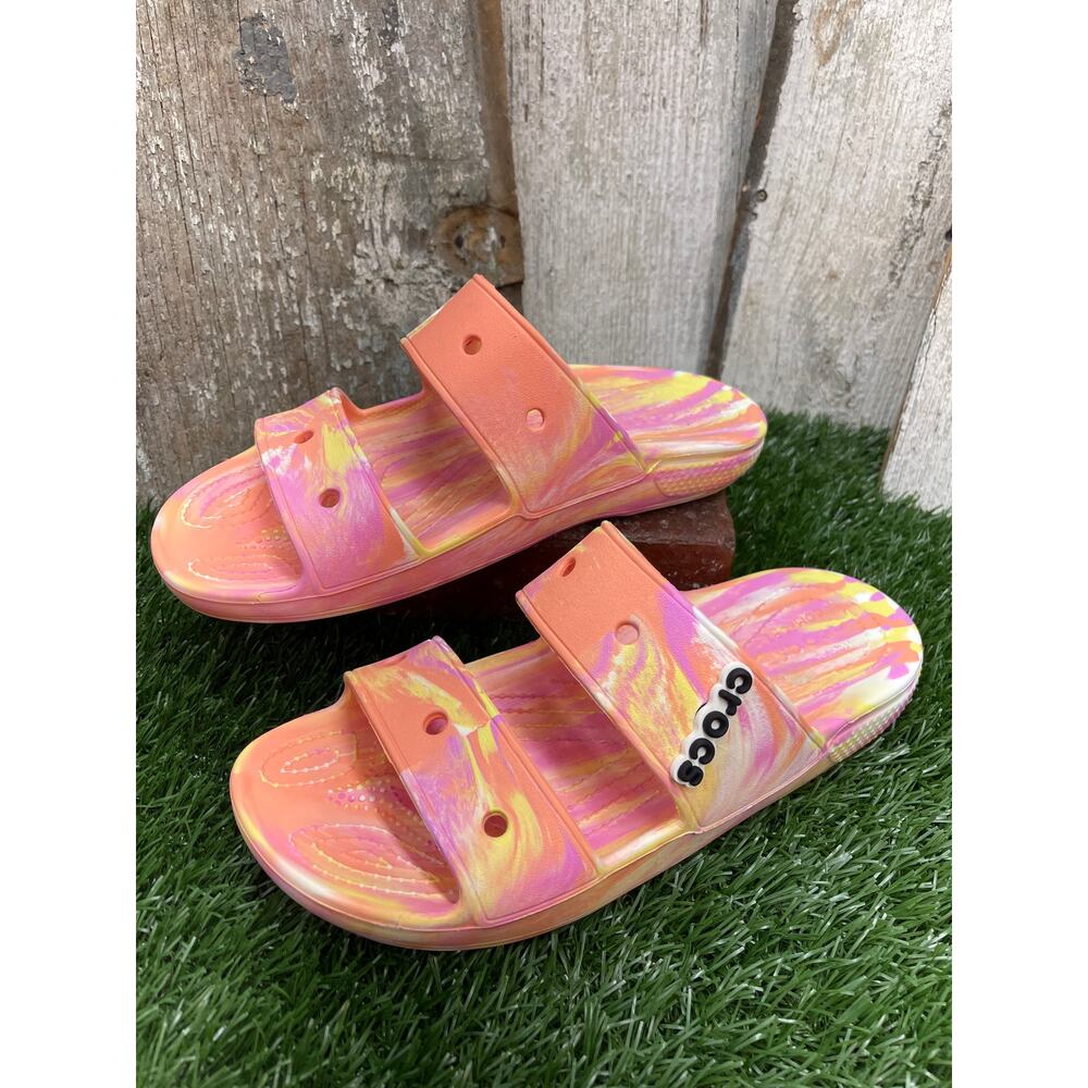 CROCS Pastel Peach Pink Yellow Marble Slides Women's 10 Men's 8